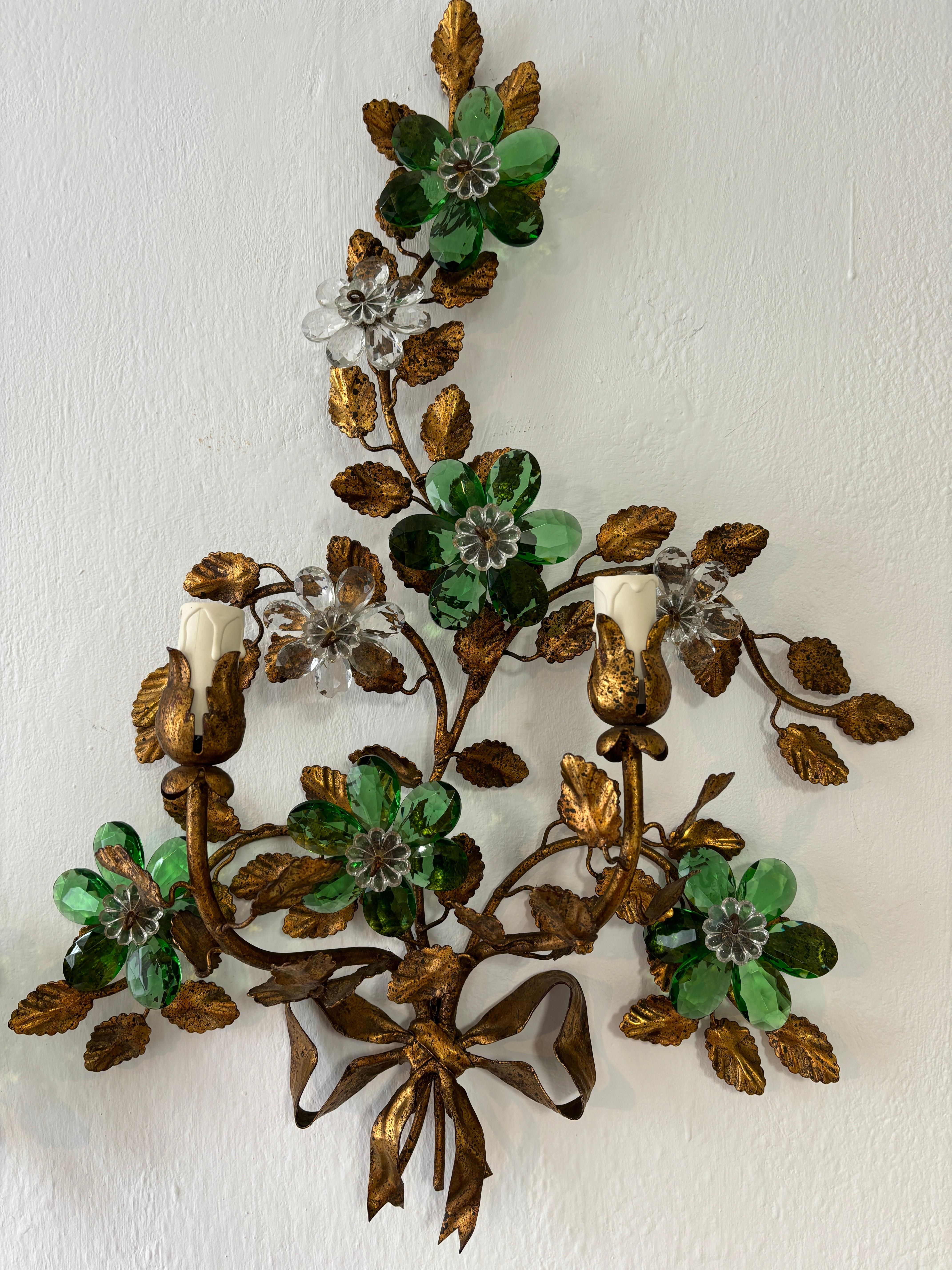 Mid-20th Century  Maison Baguès Style Green Prisms Crystal Flowers Tole Bow Sconces, circa 1930 For Sale