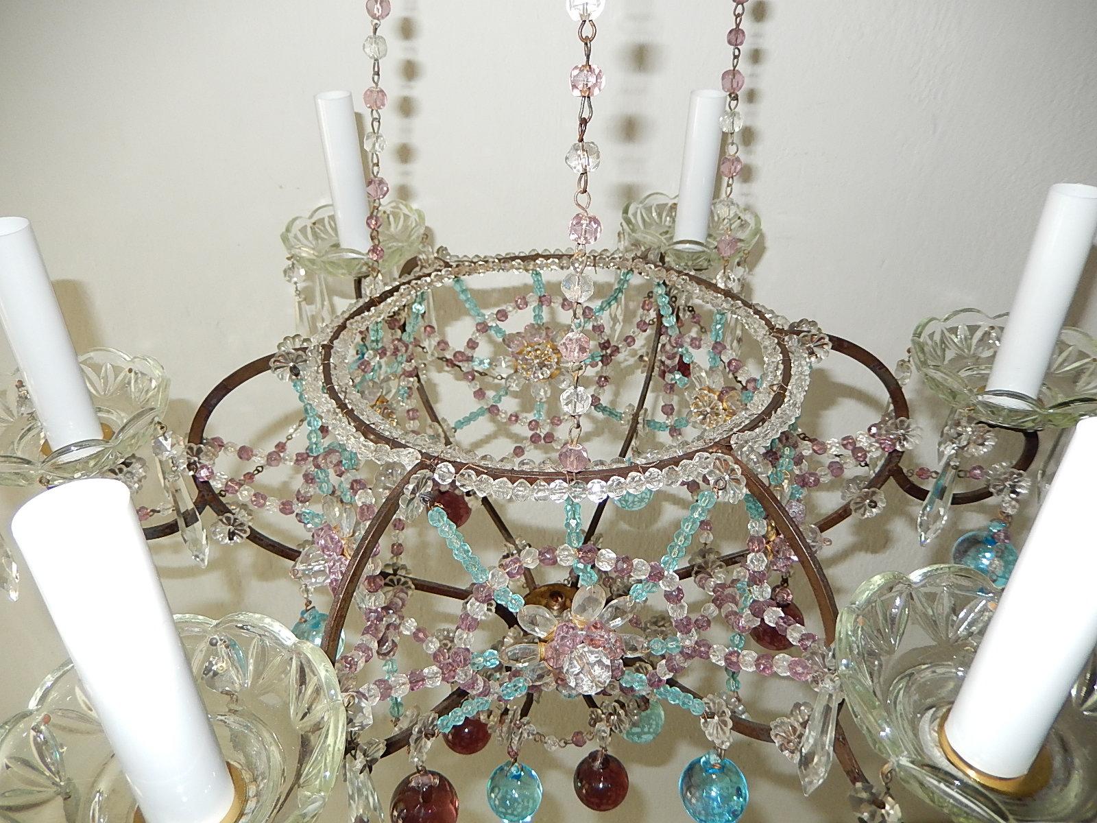 Maison Baguès Style Intricate Beaded Crystal Basket Blue Amethyst Chandelier For Sale 7