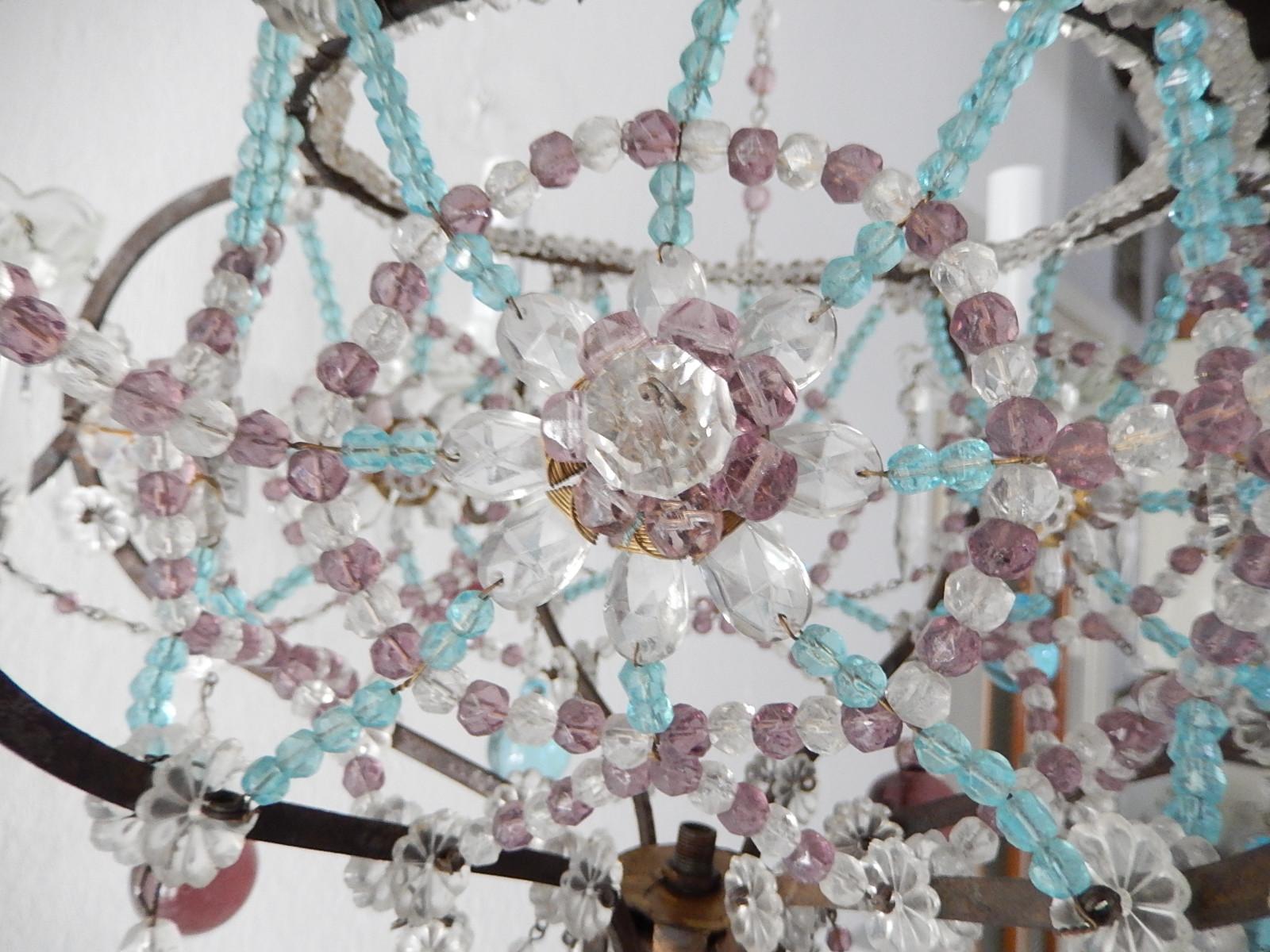 Maison Baguès Style Intricate Beaded Crystal Basket Blue Amethyst Chandelier For Sale 8