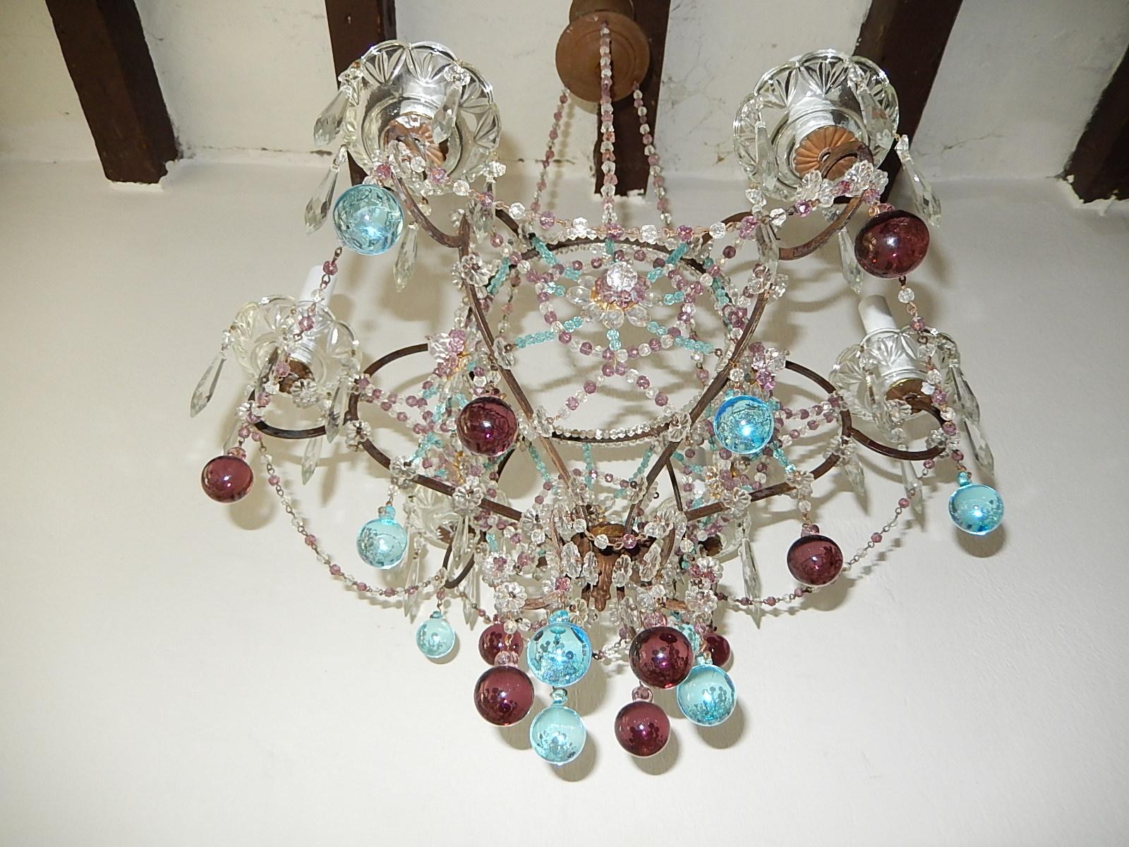 French Maison Baguès Style Intricate Beaded Crystal Basket Blue Amethyst Chandelier For Sale