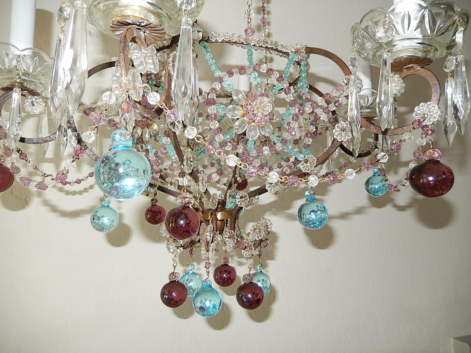 Maison Baguès Style Intricate Beaded Crystal Basket Blue Amethyst Chandelier In Good Condition For Sale In Modena (MO), Modena (Mo)