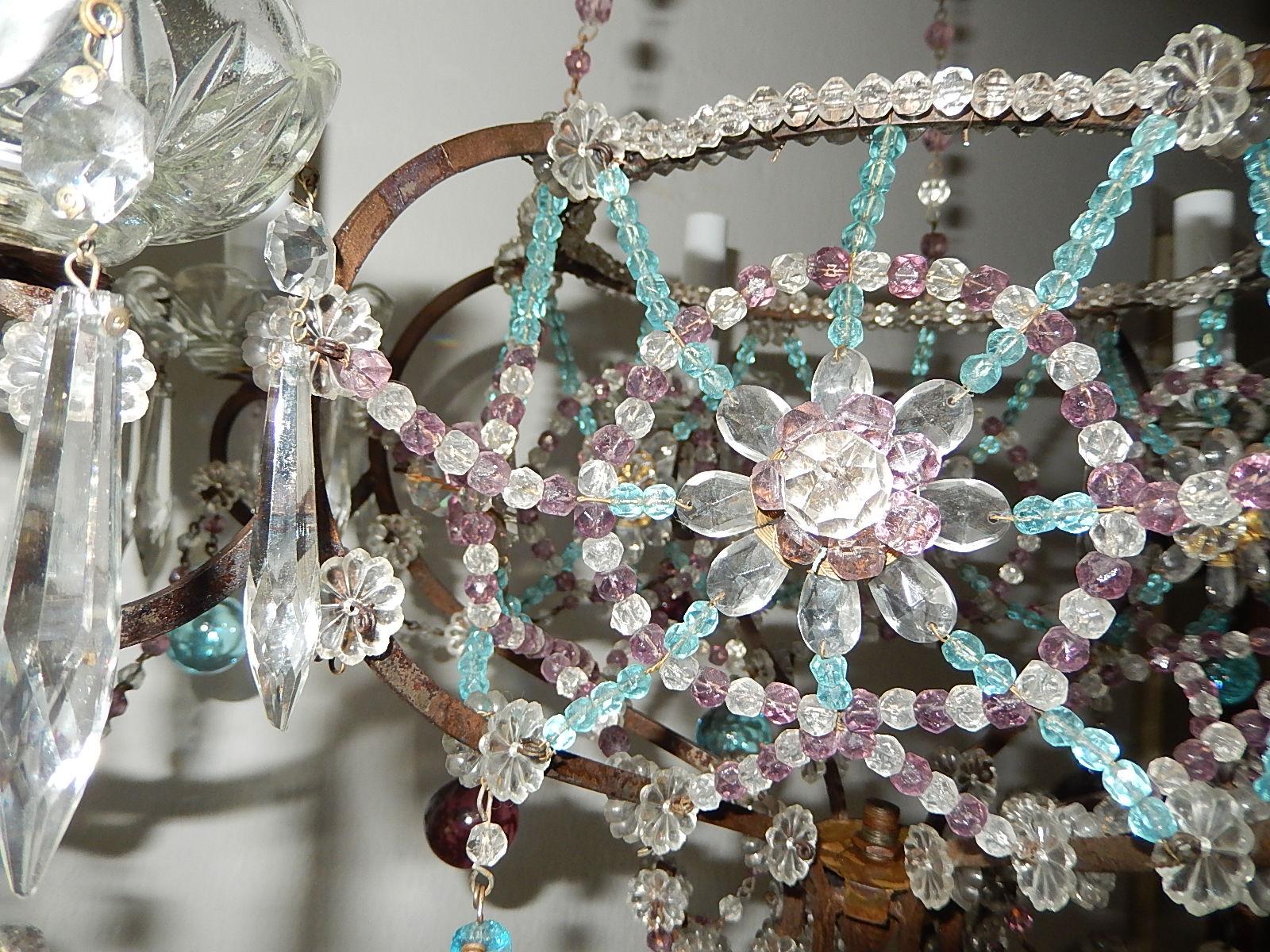 Mid-20th Century Maison Baguès Style Intricate Beaded Crystal Basket Blue Amethyst Chandelier For Sale