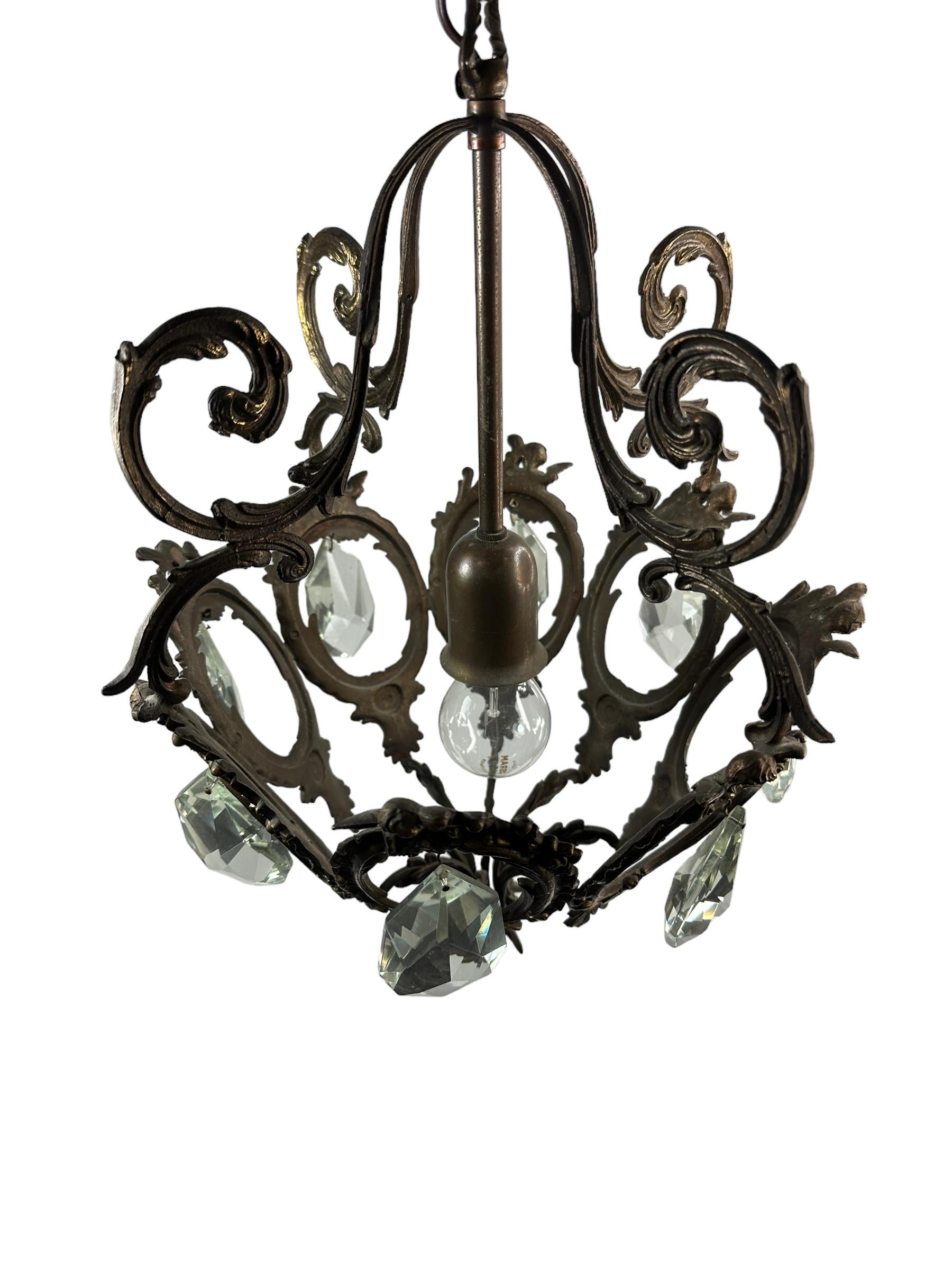 Maison Baguès Style Iron and Crystal Lantern Chandelier, Italy, 1950's For Sale 3