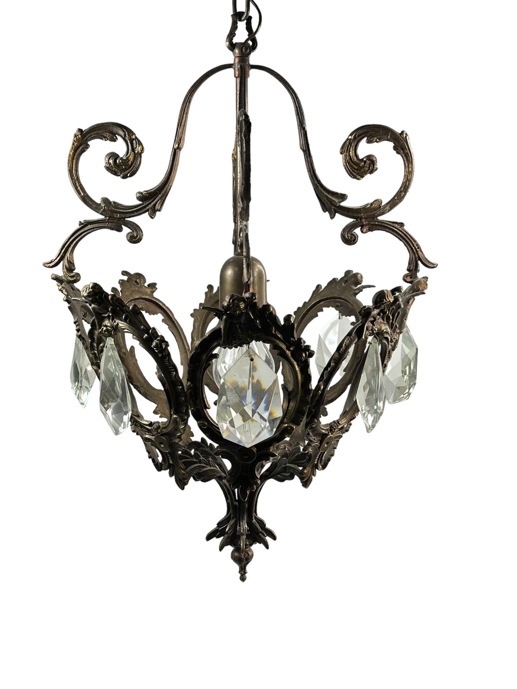 Hollywood Regency Maison Baguès Style Iron and Crystal Lantern Chandelier, Italy, 1950's For Sale