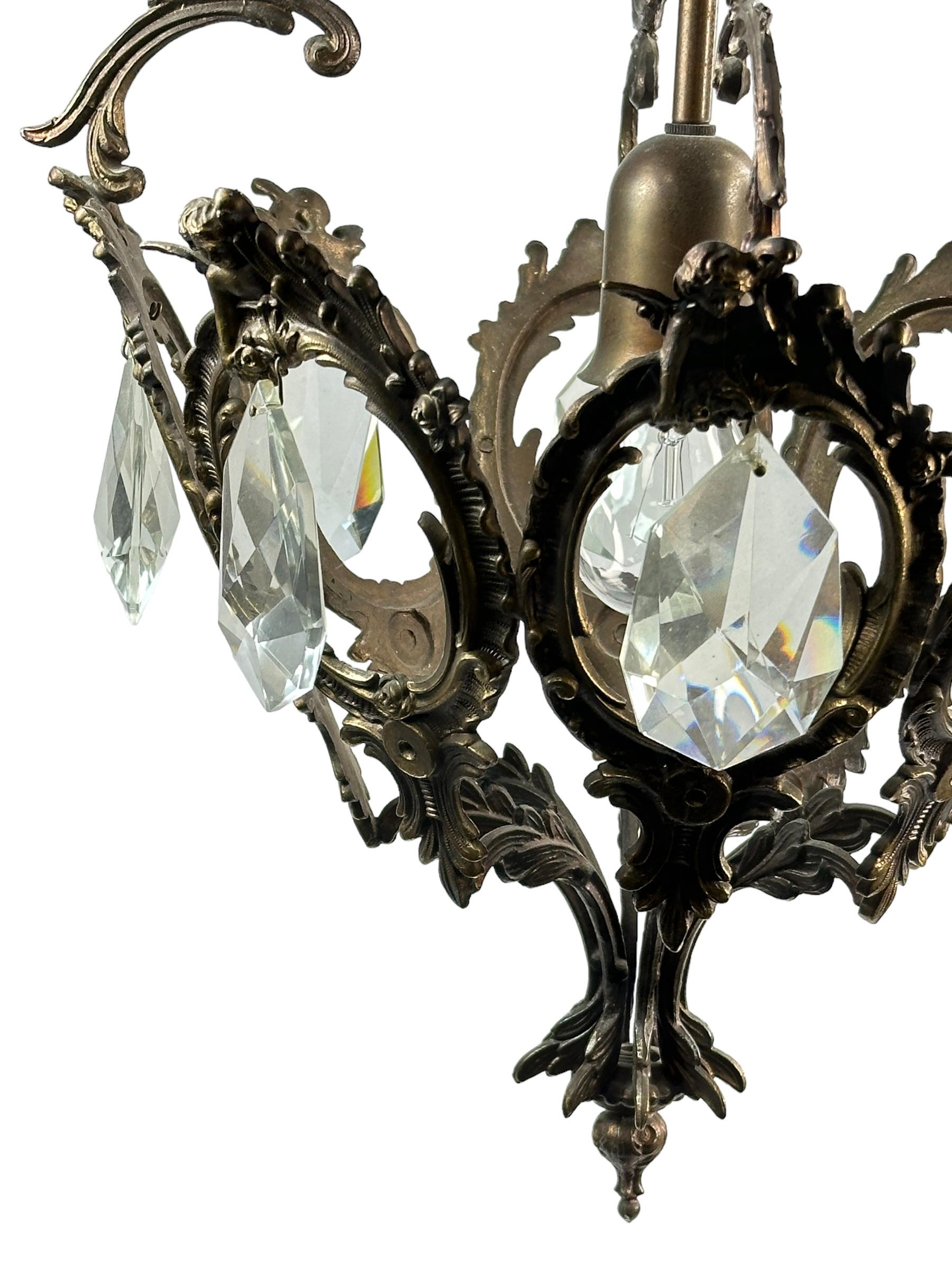 French Maison Baguès Style Iron and Crystal Lantern Chandelier, Italy, 1950's For Sale