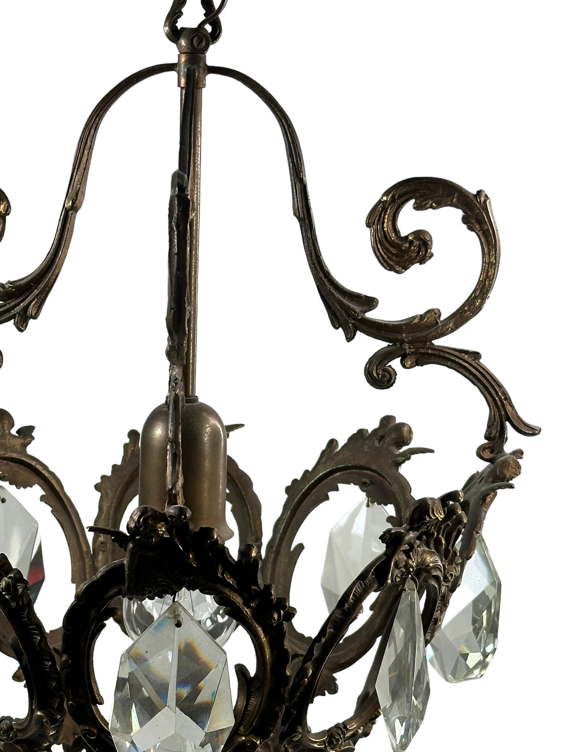 Mid-20th Century Maison Baguès Style Iron and Crystal Lantern Chandelier, Italy, 1950's For Sale