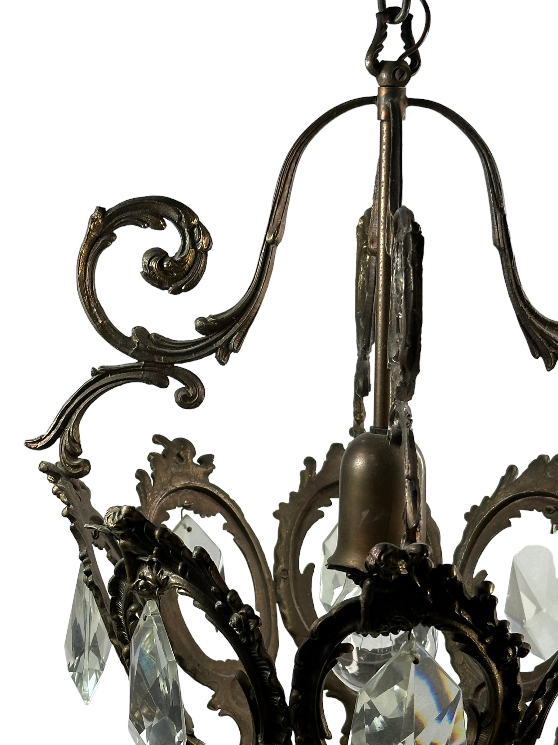 Metal Maison Baguès Style Iron and Crystal Lantern Chandelier, Italy, 1950's For Sale