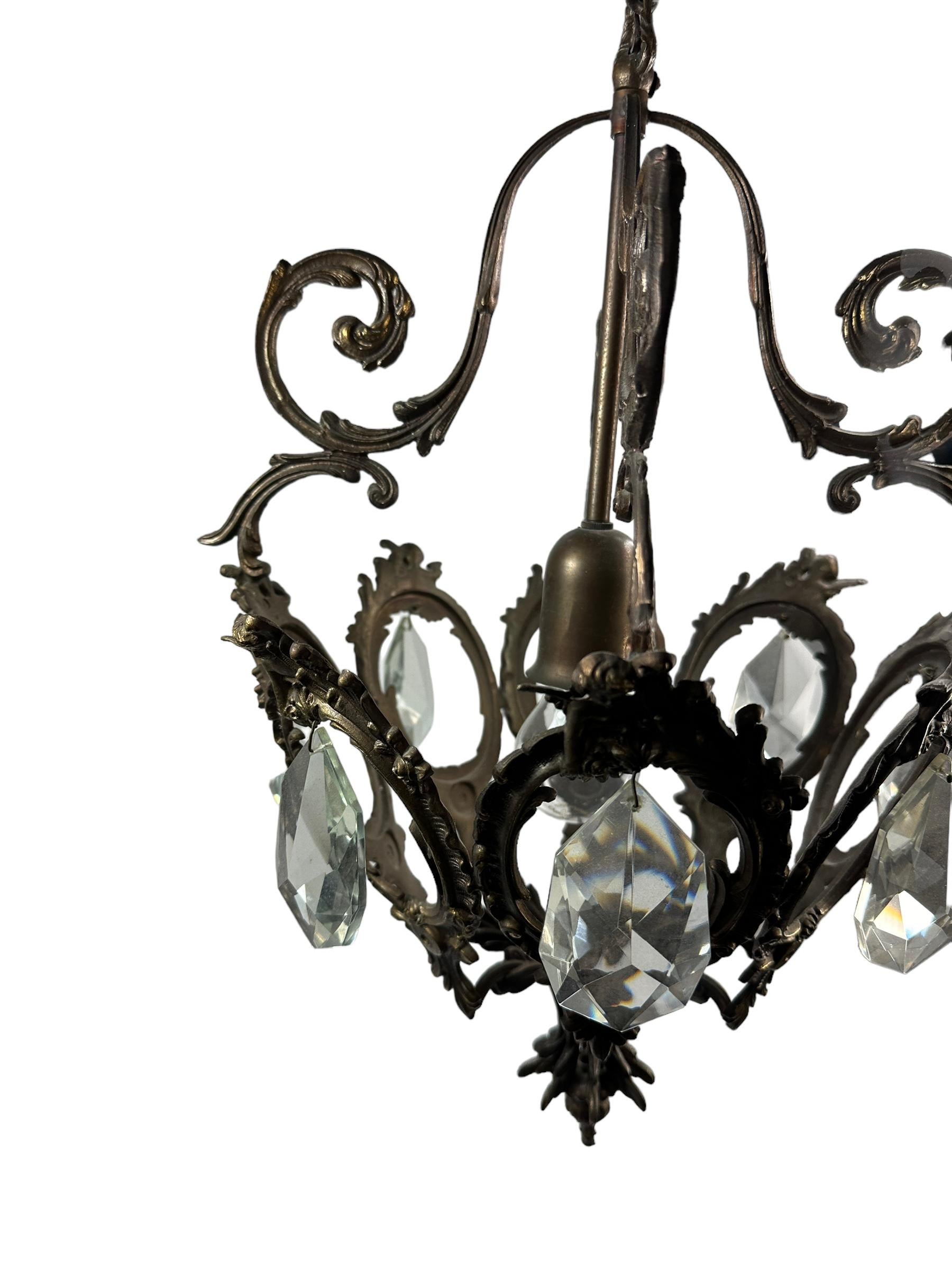 Maison Baguès Style Iron and Crystal Lantern Chandelier, Italy, 1950's For Sale 1