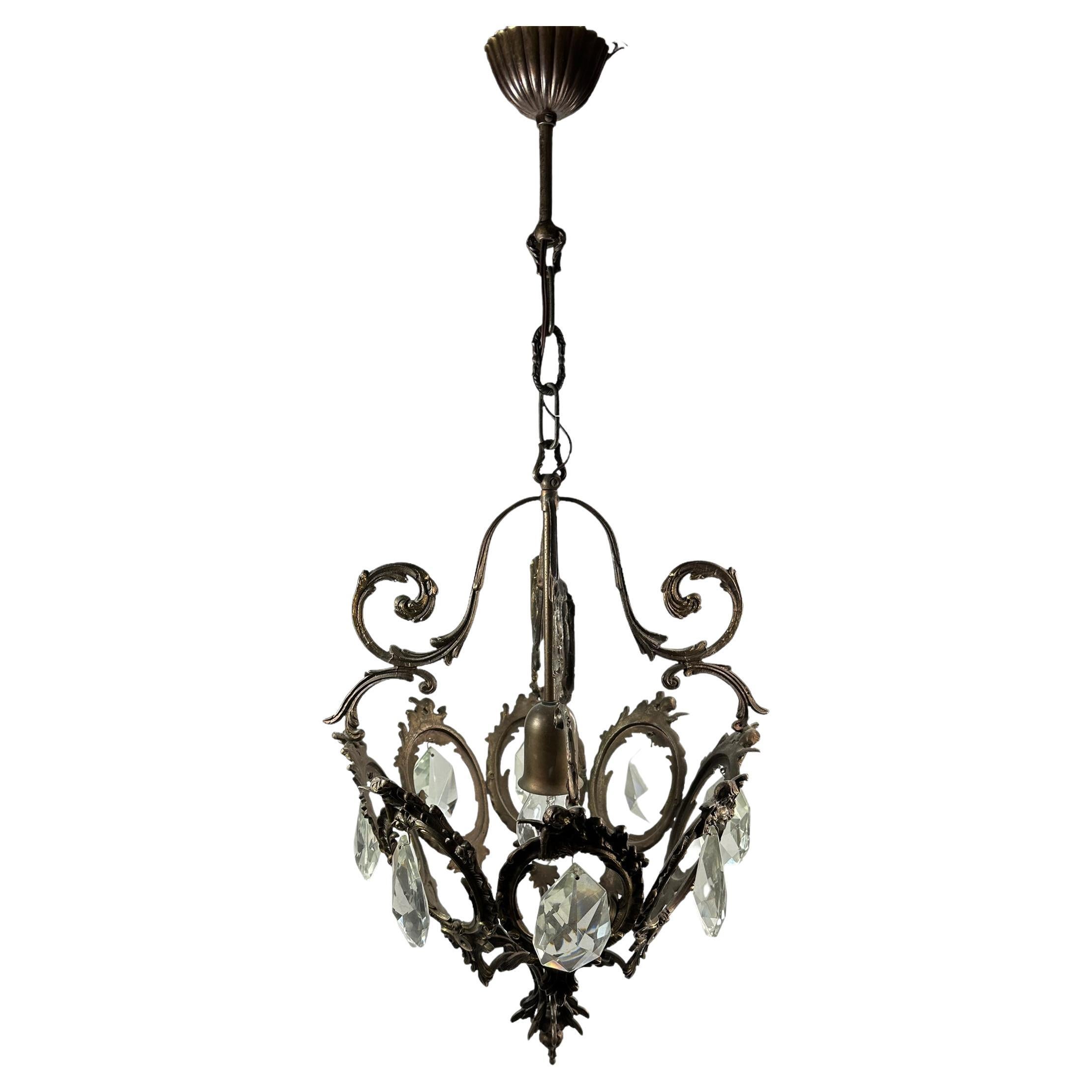 Maison Baguès Style Iron and Crystal Lantern Chandelier, Italy, 1950's For Sale