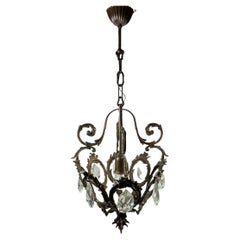 Vintage Maison Baguès Style Iron and Crystal Lantern Chandelier, Italy, 1950's