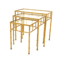 Maison Baguès Style MCM Brass and Glass Faux Bamboo Nesting Tables, Set of 3