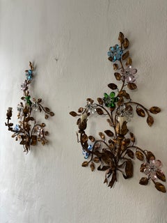 Maison Baguès Style Multicolor Prisms Crystal Flowers Tole Bow Sconces, c 1930