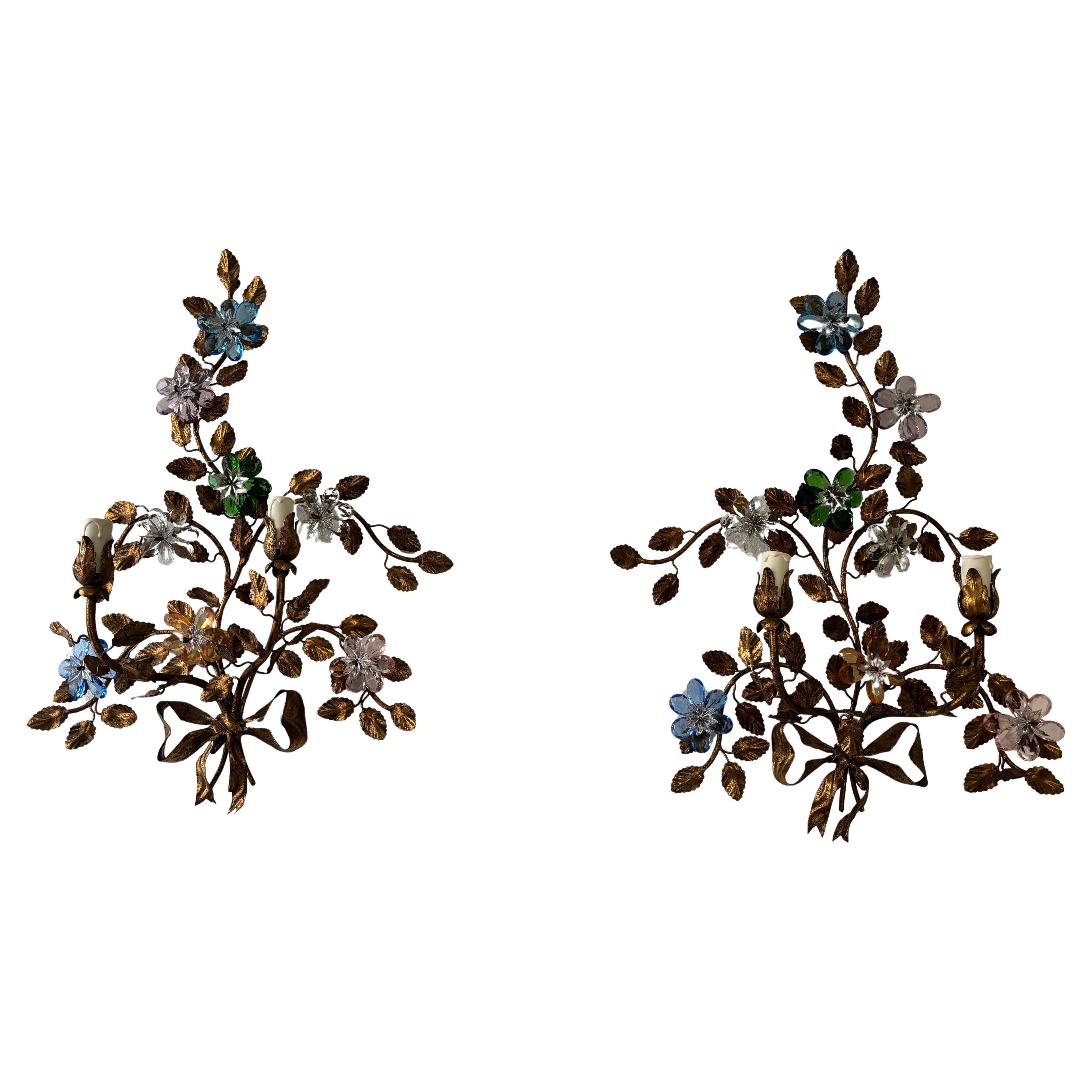 Maison Baguès Style Multicolor Prisms Crystal Flowers Tole Bow Sconces, c 1930