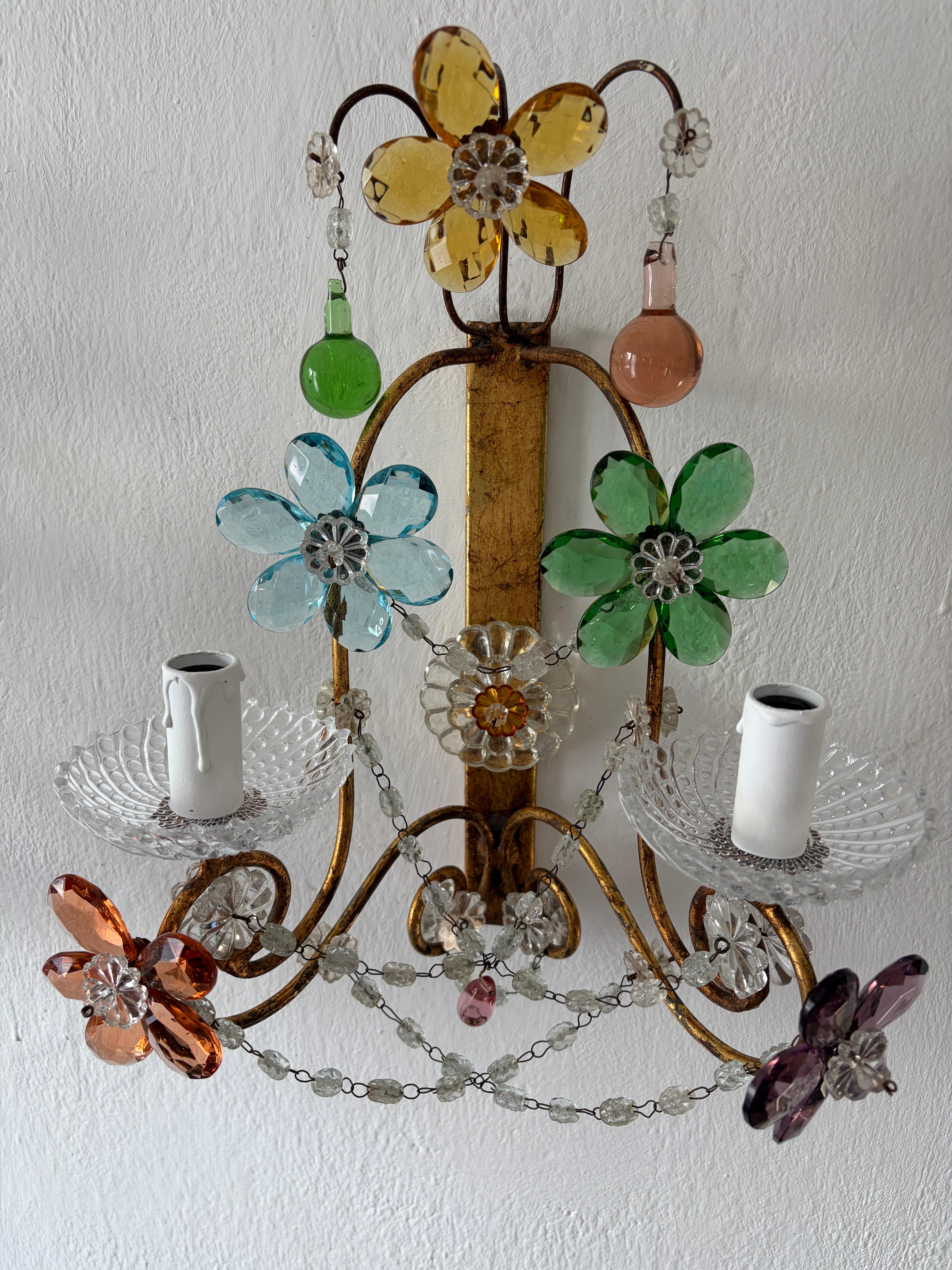 Apliques de flores de cristal de Murano con prismas multicolores estilo Maison Baguès c1930 en venta 7