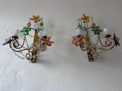 Maison Baguès Style Multicolor Prisms Murano Drops Crystal Flowers Sconces c1930
