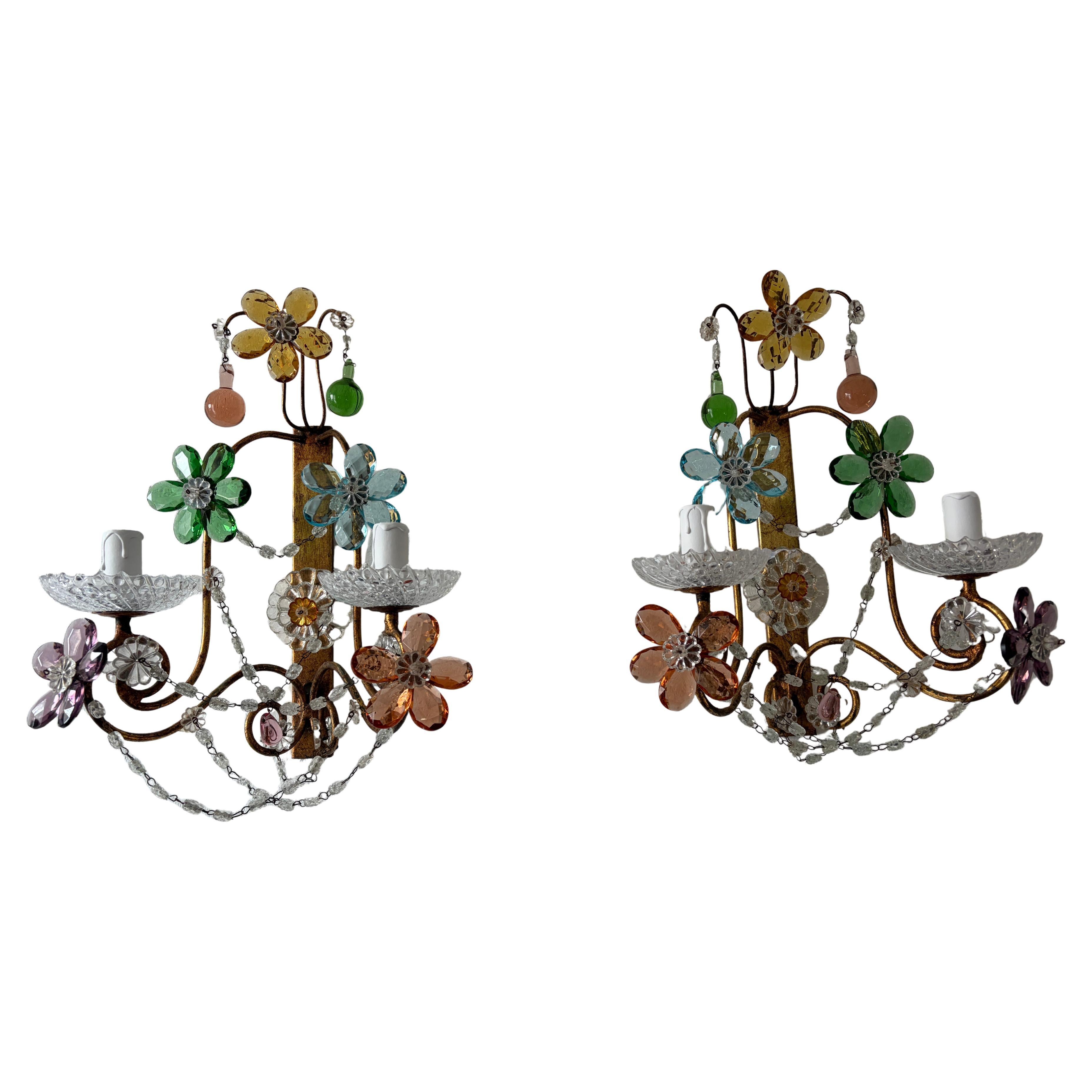 Apliques de flores de cristal de Murano con prismas multicolores estilo Maison Baguès c1930 en venta