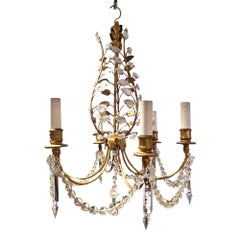 Maison Baguès Style Chandelier, Gilt Metal & Glass, French, 1960s