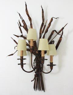 Maison Baguès Style Tole Reed Wall Light in Gilt Iron