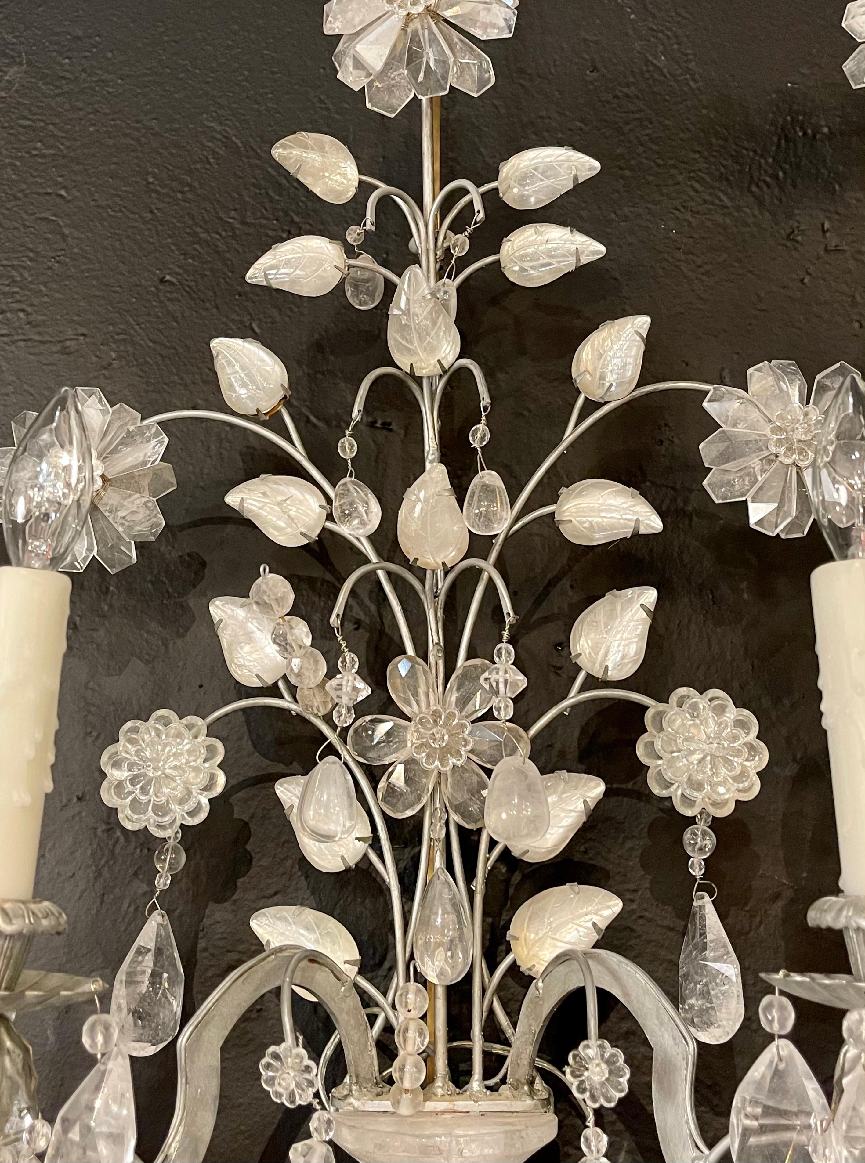 Silvered Maison Baguès Style Two Pair of Rock Crystal Wall Sconces