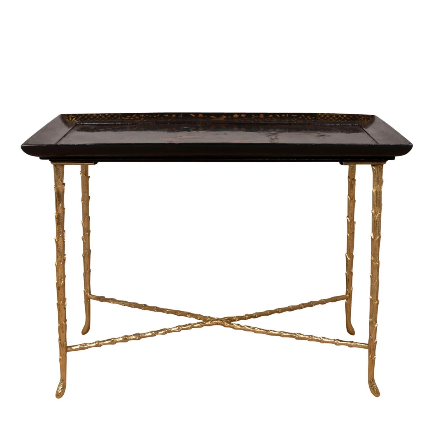 French Maison Baguès, Table in Lacquer and Bronze, 1970s For Sale