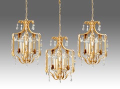 Three Large and Elegant Lanterns in Gold and Silver Metal with Crystals