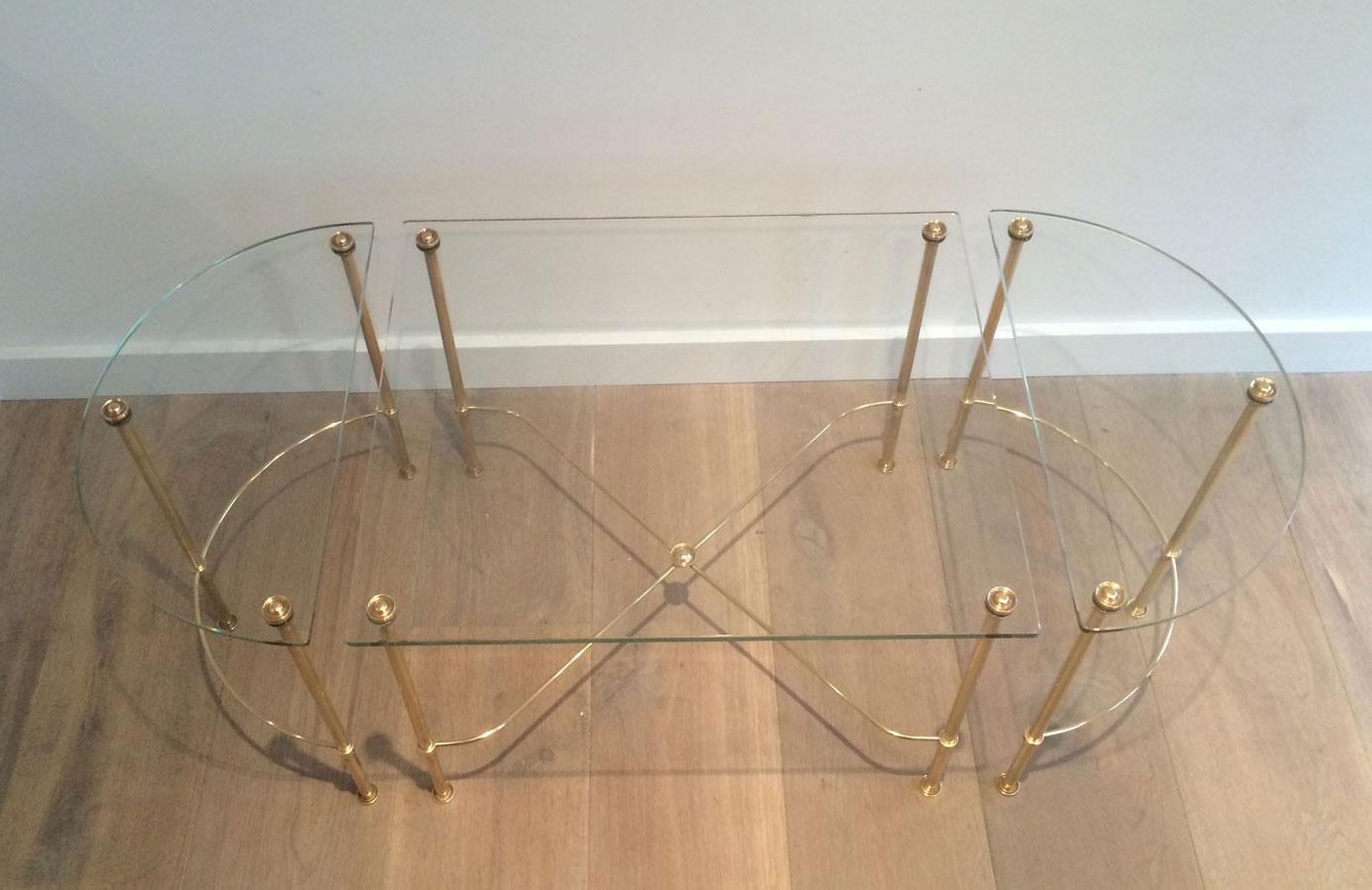 Maison Bagués, Tripartite Brass and Glass coffee Table, French, circa 1970 13