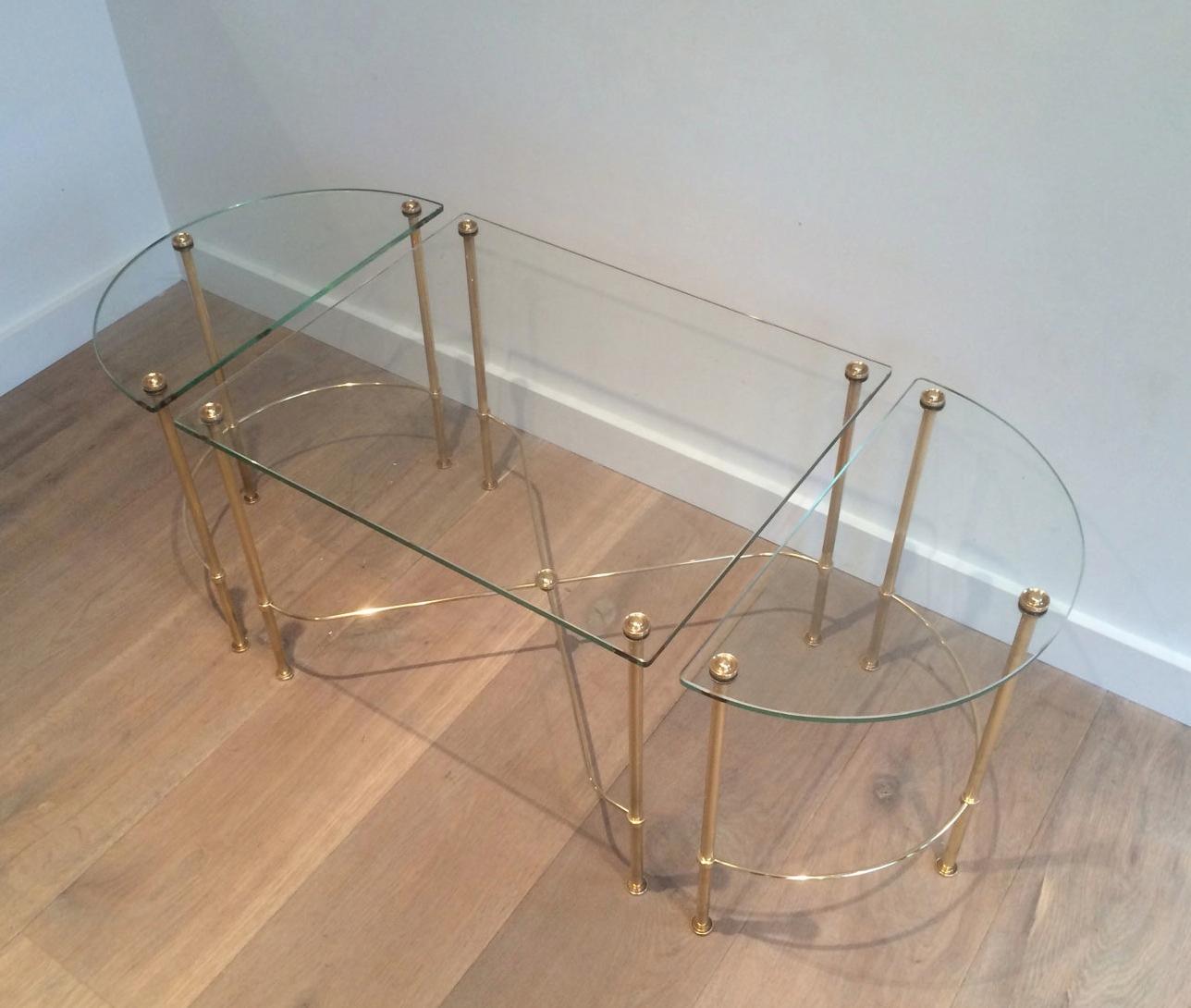 Maison Bagués, Tripartite Brass and Glass coffee Table, French, circa 1970 14
