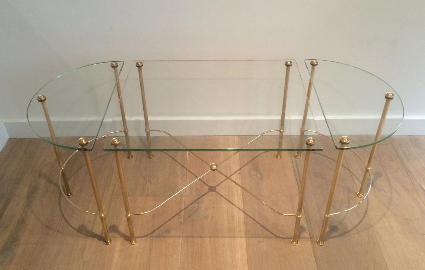 Maison Bagués, Tripartite Brass and Glass coffee Table, French, circa 1970 15