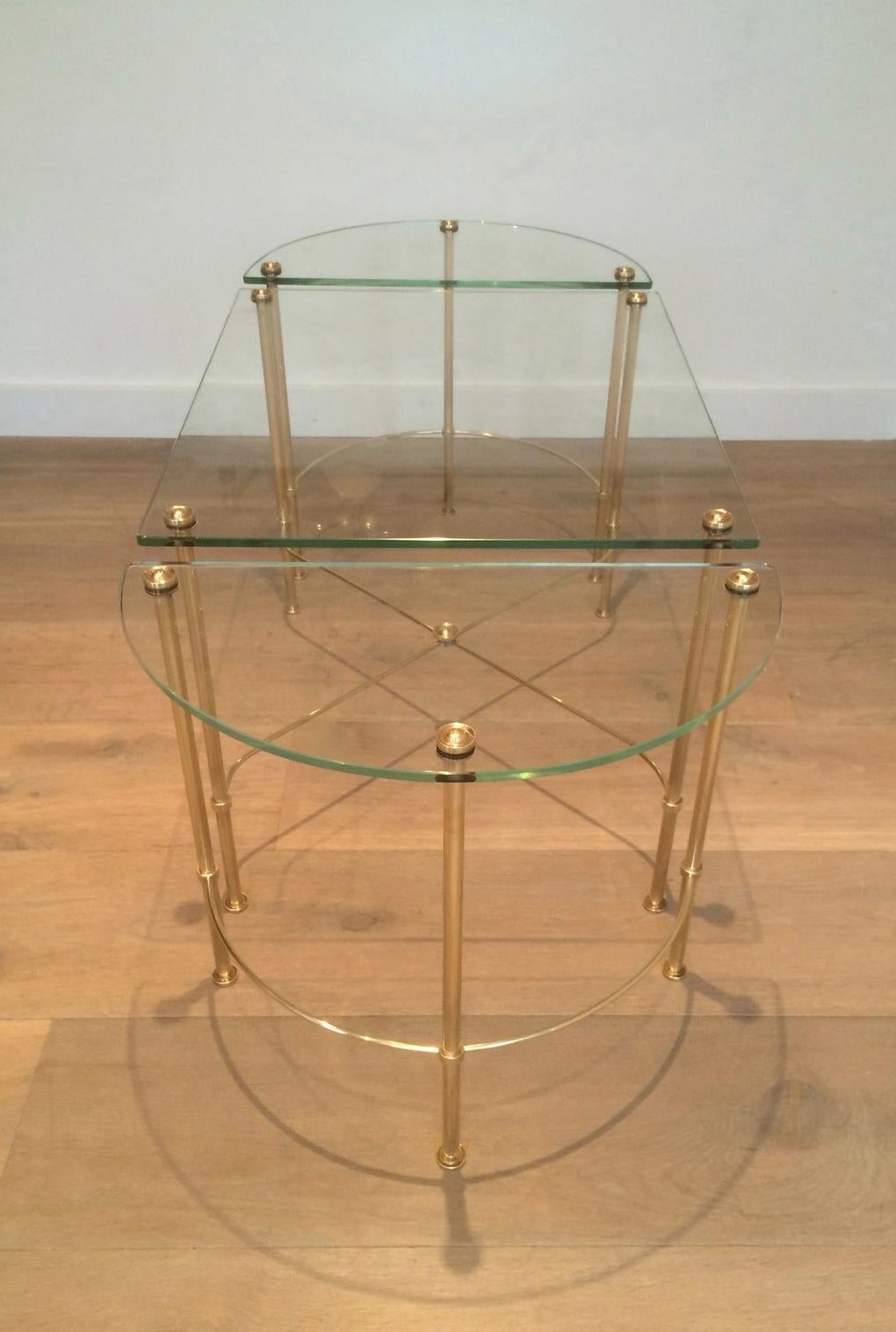 Neoclassical Maison Bagués, Tripartite Brass and Glass coffee Table, French, circa 1970