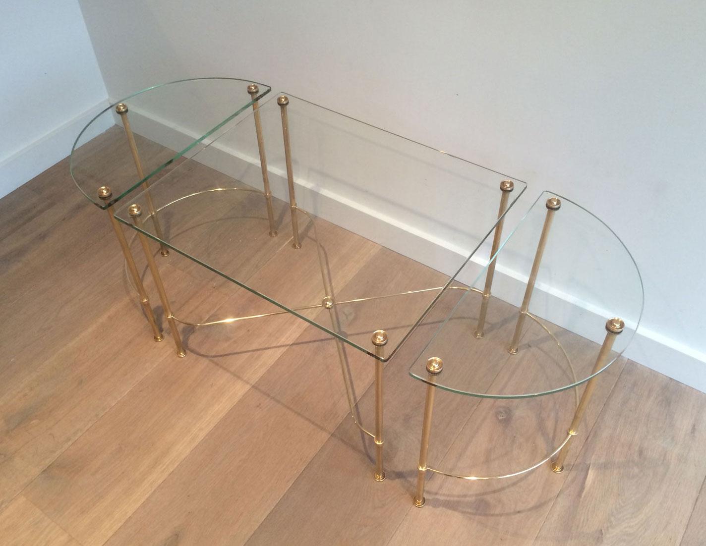 Maison Bagués, Tripartite Brass and Glass coffee Table, French, circa 1970 2