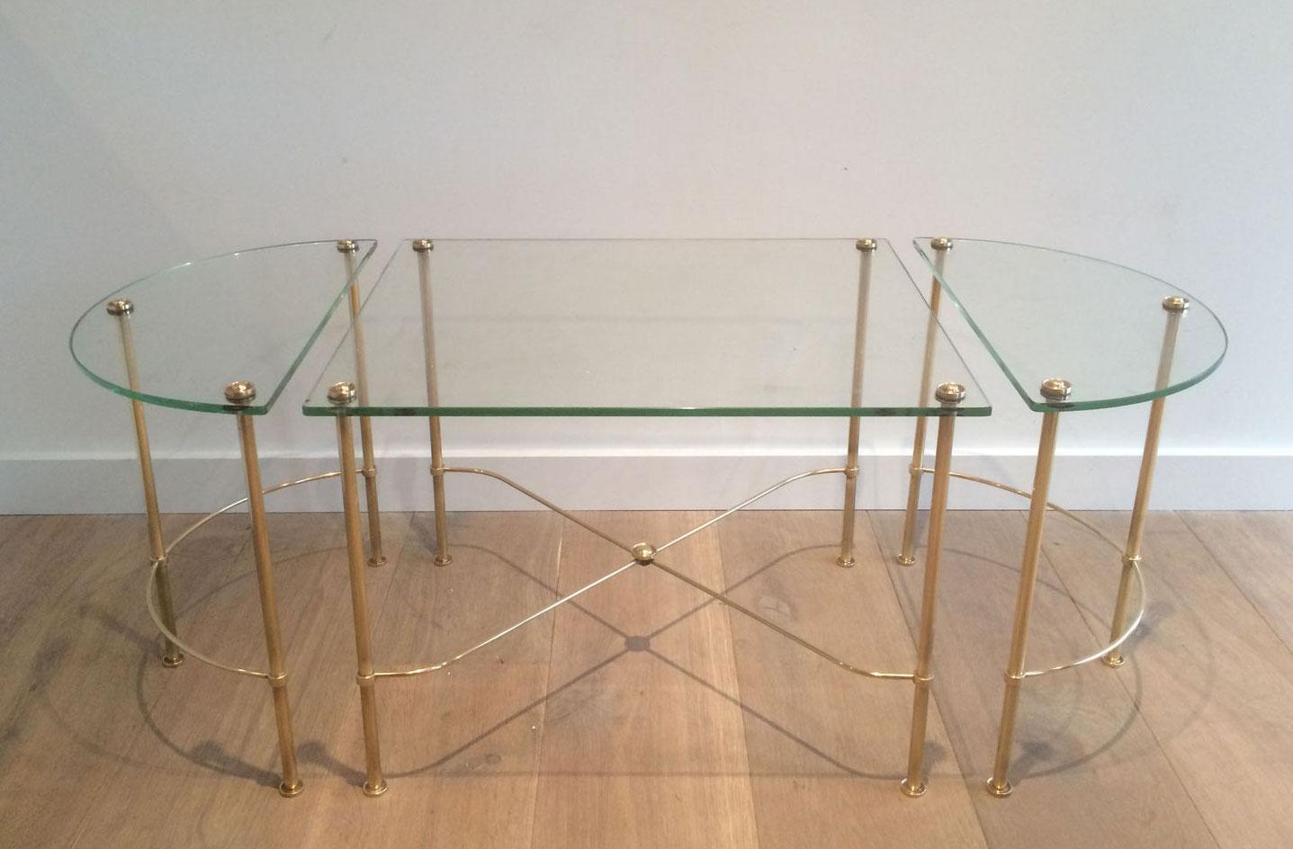 Maison Bagués, Tripartite Brass and Glass coffee Table, French, circa 1970 4