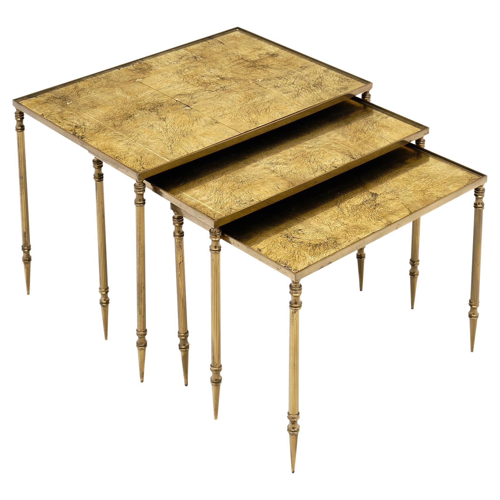 Maison Charles French Gilt Brass Nesting Coffee Table Set at 1stDibs