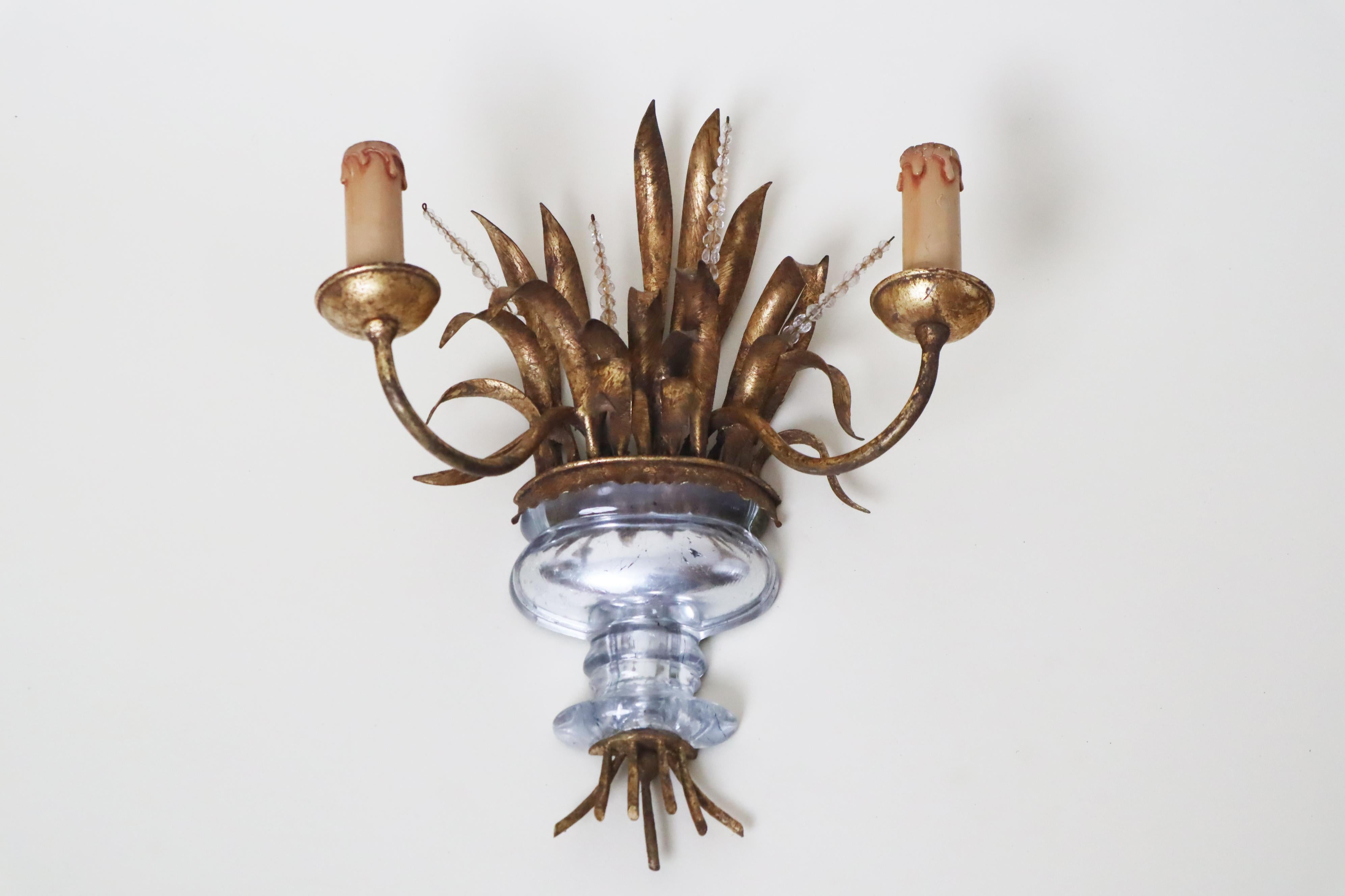Hand-Crafted Maison Bagues Wall Lamp Urn Vase With Ears of Wheat Crystal Gold and Silver Leaf For Sale