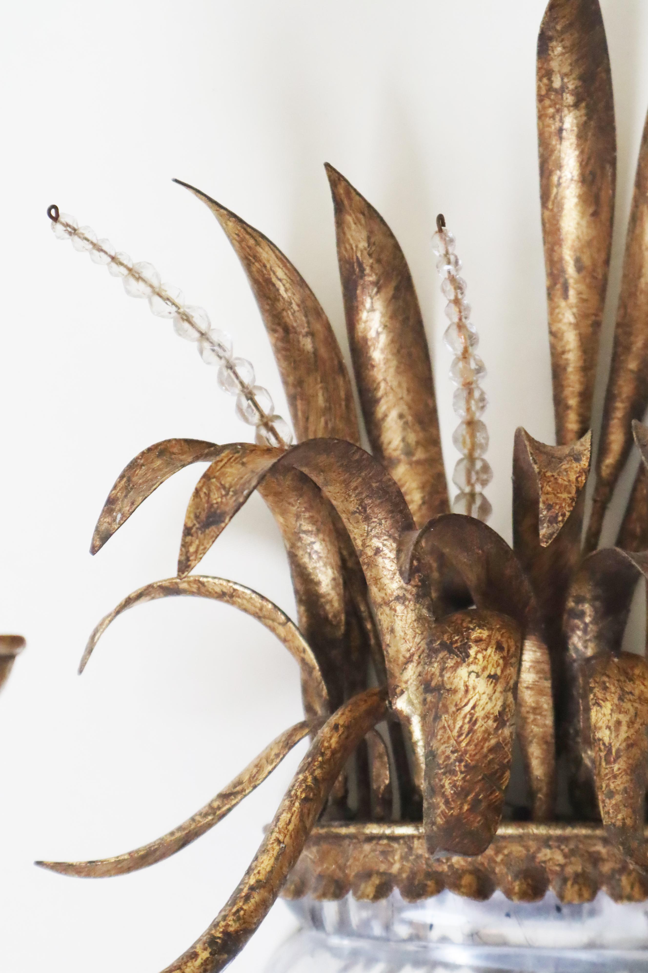 Mid-20th Century Maison Bagues Wall Lamp Urn Vase With Ears of Wheat Crystal Gold and Silver Leaf For Sale