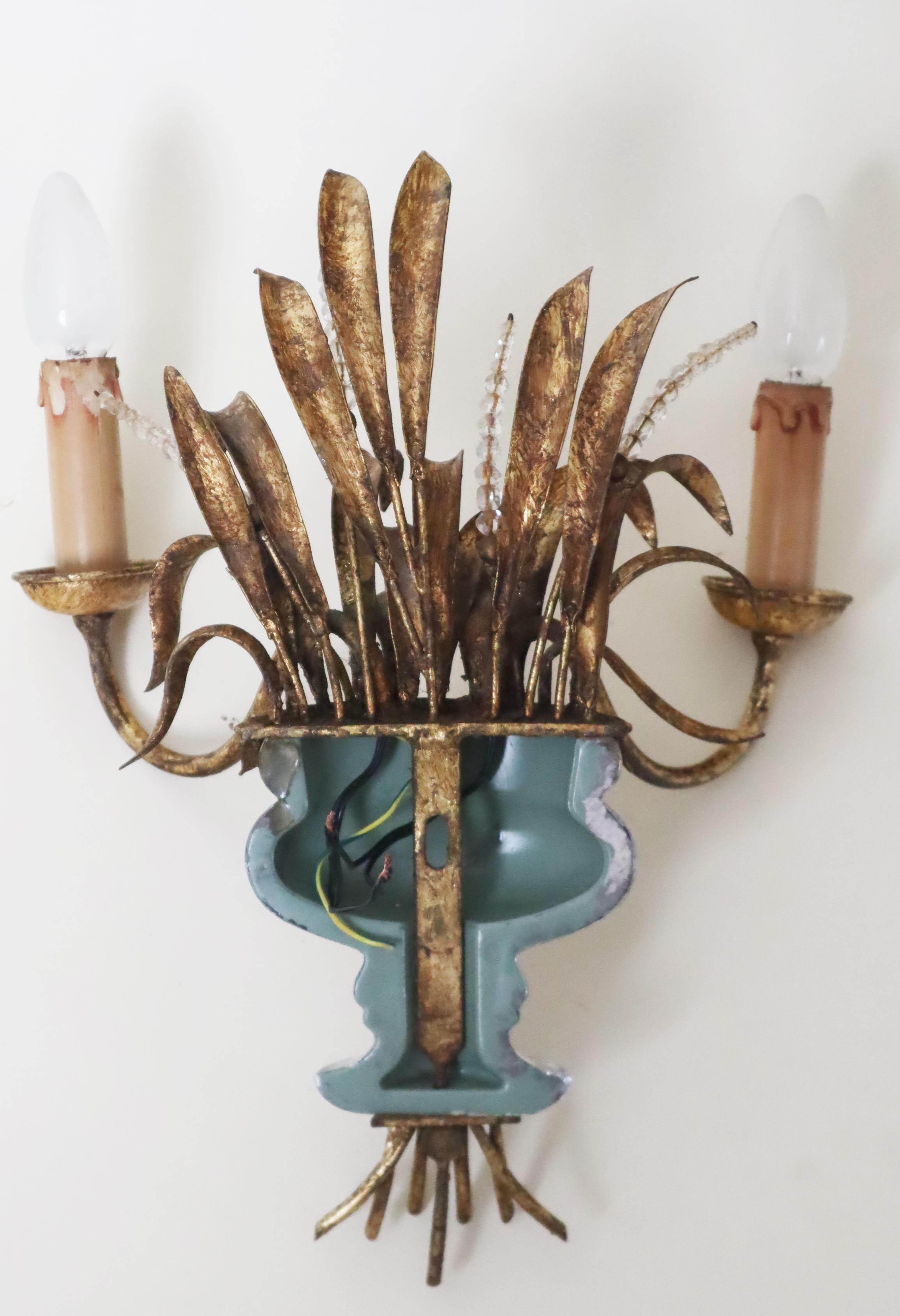 Maison Bagues Wall Lamp Urn Vase With Ears of Wheat Crystal Gold and Silver Leaf For Sale 1