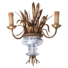 Maison Bagues Wall Lamp Urn Vase With Ears of Wheat Crystal Gold and Silver Leaf