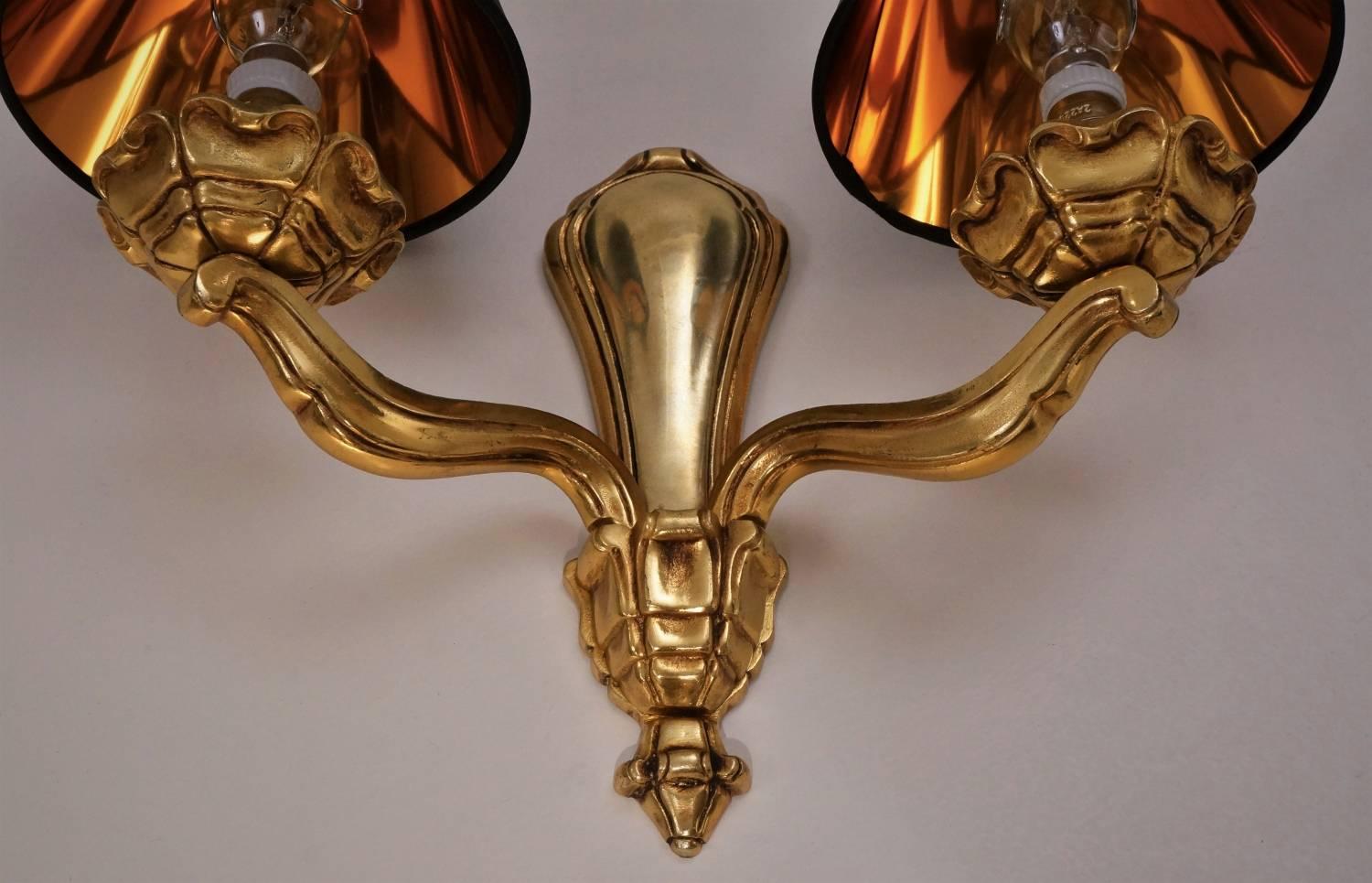 Hollywood Regency Maison Bagues Wall Lights Bronze and Gold Plated Gilt, circa 1940s, French