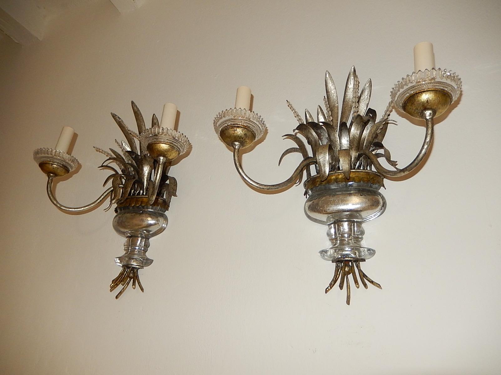 Housing 2-light each. Gilt metal, silver leaf under crystal. Beaded springs. Gold detailing. Crystal bobeches. Will be-wired with appropriate sockets to country and ready to hang. Free priority UPS shipping from Italy, no custom fees.