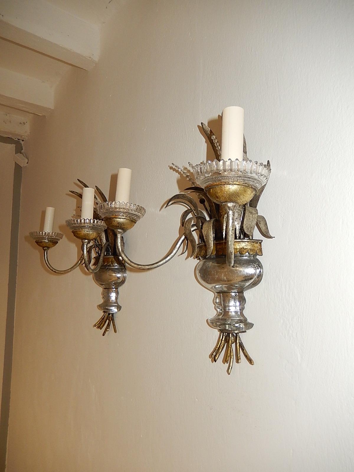 French Maison Baguès Wheat Beaded Silver Gilt Sconces Signed