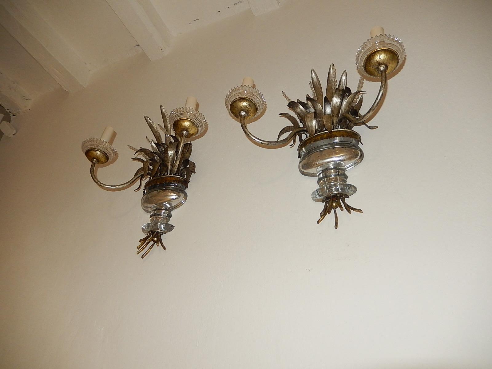 Maison Baguès Wheat Beaded Silver Gilt Sconces Signed In Good Condition In Modena (MO), Modena (Mo)