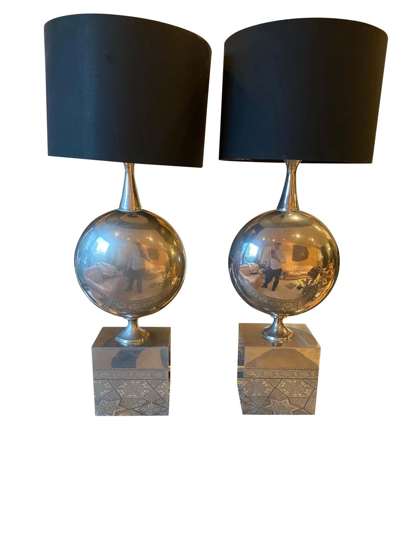 French Maison Barbier Pair of Chromed Steel Table Lamps, 1970s For Sale