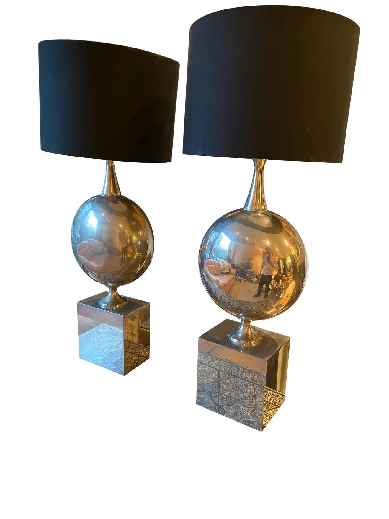 Maison Barbier Pair of Chromed Steel Table Lamps, 1970s In Good Condition For Sale In Southall, GB