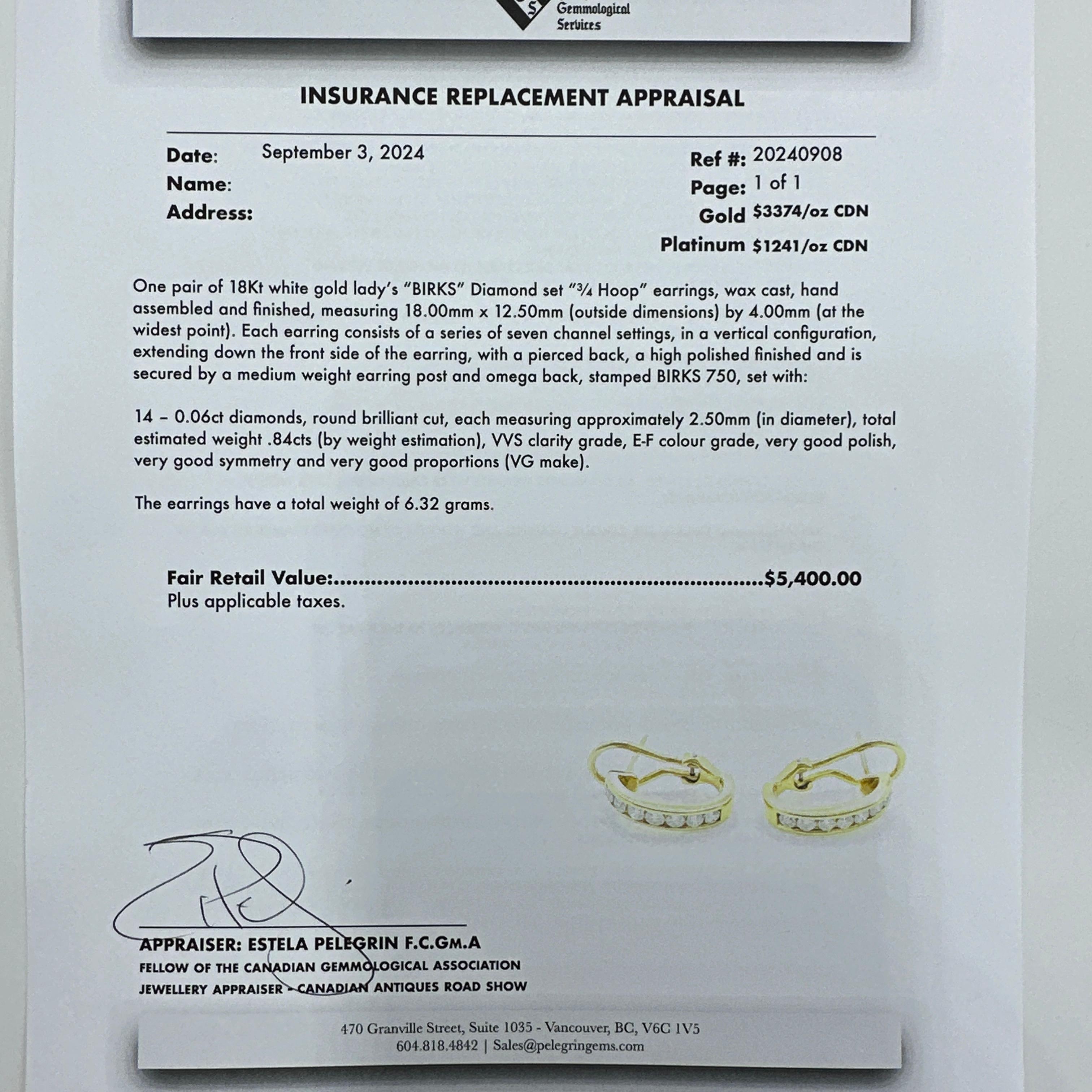 Here is a beautiful pair of BIRKS 18k Yellow Gold Natural VVS Diamond 3/4 Hoop Earrings.

These earrings feature a total of 14 x 0.06ct round brilliant cut diamonds each measuring 2.50mm in diameter with a total estimated weight of 0.84cts. Diamonds