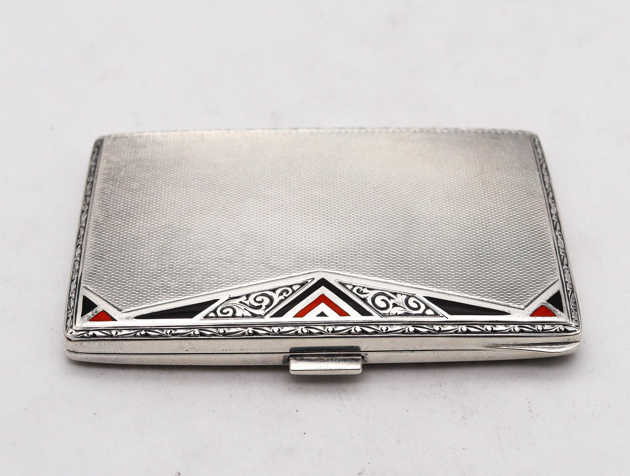 Art deco enamel case box designed by A. Wilcox for Maison Birks.

Beautiful case box, created in England at the silversmith workshop of A. Wilcox back in the 1925. This stunning and rare box has been crafted for the Canadian jewelry house of Maison