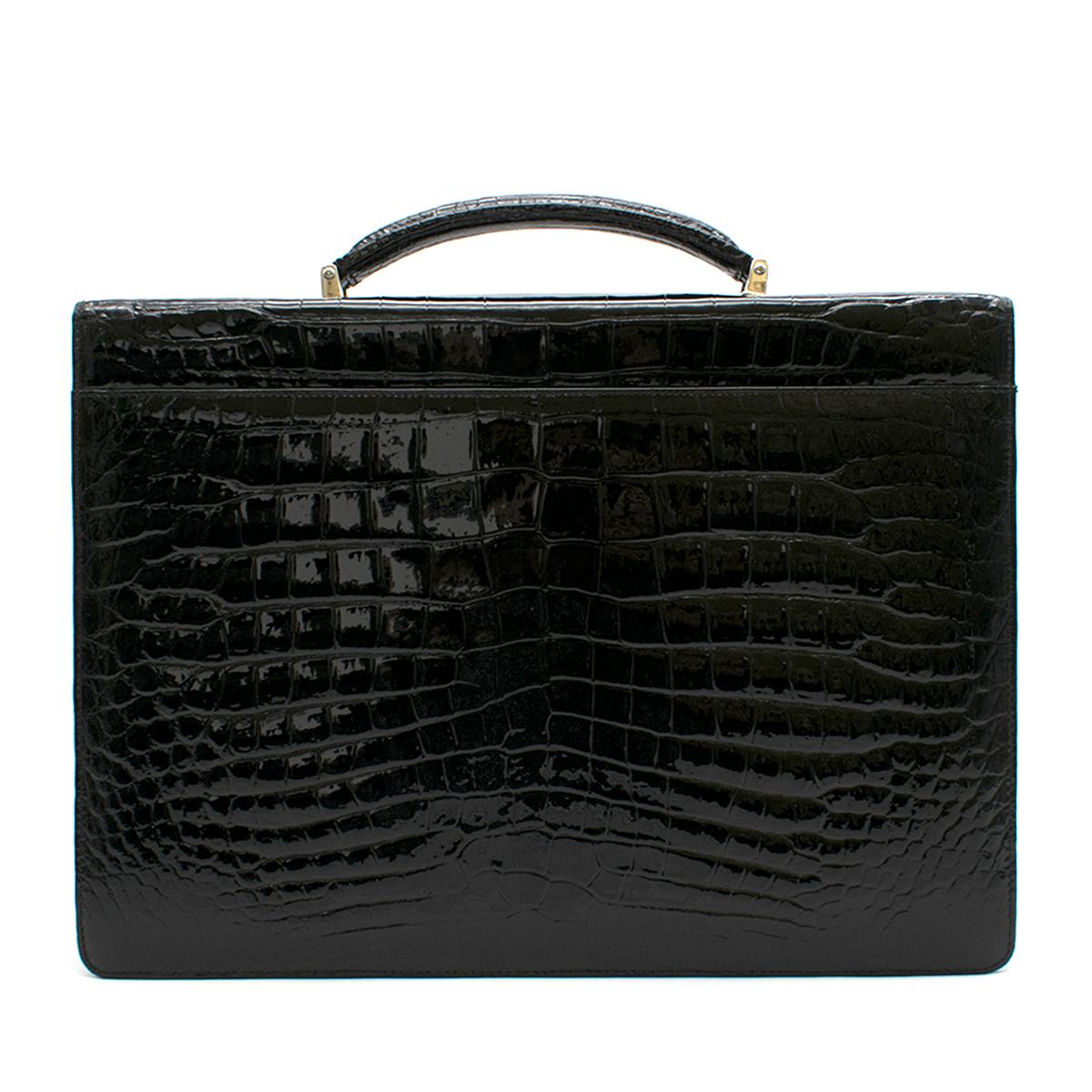 Maison Black Crocodile Briefcase W/ White Gold & Diamond Hardware In Good Condition For Sale In London, GB