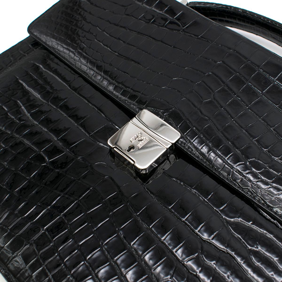 Maison Black Crocodile Briefcase W/ White Gold & Diamond Hardware For Sale 2