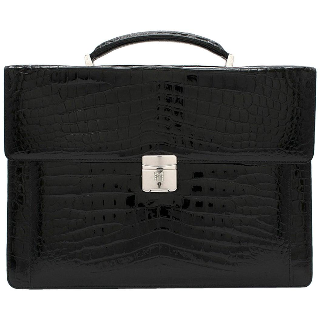 Maison Black Crocodile Briefcase W/ White Gold & Diamond Hardware For Sale