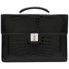 Maison Black Crocodile Briefcase W/ White Gold & Diamond Hardware