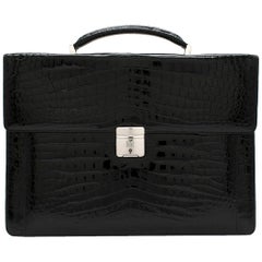 Maison Black Crocodile Briefcase W/ White Gold & Diamond Hardware