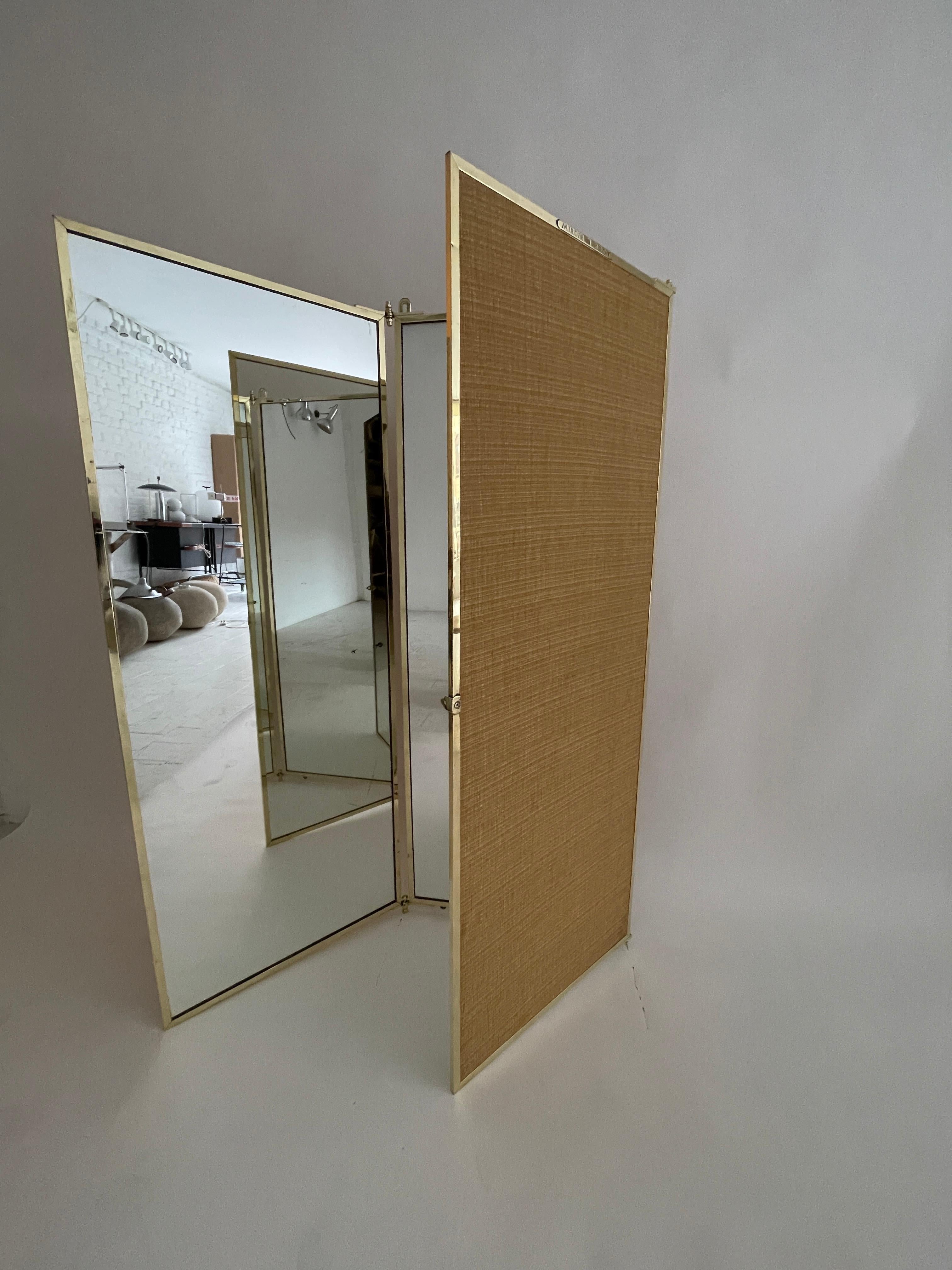 French Tall standing brass triptych mirror by Maison Brot. YSL favourite !